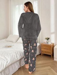 SHEIN 2 Peças Conjunto de Pijama Longo Felpudo com Bordado de Urso de Pelúcia Feminino, Outono/Inverno, Roupas de Outono e Inverno, Aconchegante
