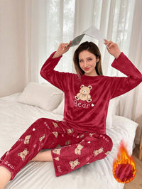 SHEIN 2 Peças Conjunto de Pijama Longo Felpudo com Bordado de Urso de Pelúcia Feminino, Outono/Inverno, Roupas de Outono e Inverno, Aconchegante