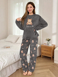 SHEIN 2 Peças Conjunto de Pijama Longo Felpudo com Bordado de Urso de Pelúcia Feminino, Outono/Inverno, Roupas de Outono e Inverno, Aconchegante