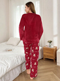 SHEIN 2 Peças Conjunto de Pijama Longo Felpudo com Bordado de Urso de Pelúcia Feminino, Outono/Inverno, Roupas de Outono e Inverno, Aconchegante
