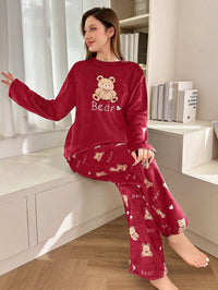 SHEIN 2 Peças Conjunto de Pijama Longo Felpudo com Bordado de Urso de Pelúcia Feminino, Outono/Inverno, Roupas de Outono e Inverno, Aconchegante