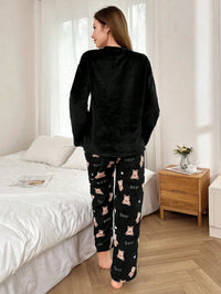 SHEIN 2 Peças Conjunto de Pijama Longo Felpudo com Bordado de Urso de Pelúcia Feminino, Outono/Inverno, Roupas de Outono e Inverno, Aconchegante