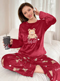 SHEIN 2 Peças Conjunto de Pijama Longo Felpudo com Bordado de Urso de Pelúcia Feminino, Outono/Inverno, Roupas de Outono e Inverno, Aconchegante
