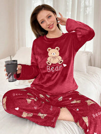 SHEIN 2 Peças Conjunto de Pijama Longo Felpudo com Bordado de Urso de Pelúcia Feminino, Outono/Inverno, Roupas de Outono e Inverno, Aconchegante
