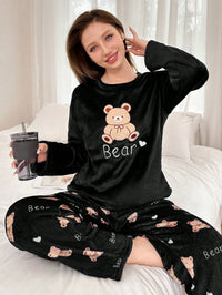 SHEIN 2 Peças Conjunto de Pijama Longo Felpudo com Bordado de Urso de Pelúcia Feminino, Outono/Inverno, Roupas de Outono e Inverno, Aconchegante