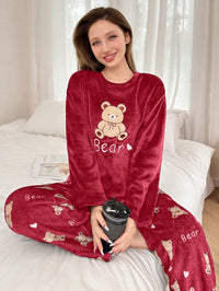 SHEIN 2 Peças Conjunto de Pijama Longo Felpudo com Bordado de Urso de Pelúcia Feminino, Outono/Inverno, Roupas de Outono e Inverno, Aconchegante