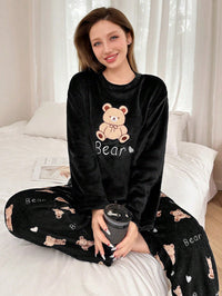 SHEIN 2 Peças Conjunto de Pijama Longo Felpudo com Bordado de Urso de Pelúcia Feminino, Outono/Inverno, Roupas de Outono e Inverno, Aconchegante