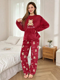 SHEIN 2 Peças Conjunto de Pijama Longo Felpudo com Bordado de Urso de Pelúcia Feminino, Outono/Inverno, Roupas de Outono e Inverno, Aconchegante