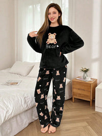 SHEIN 2 Peças Conjunto de Pijama Longo Felpudo com Bordado de Urso de Pelúcia Feminino, Outono/Inverno, Roupas de Outono e Inverno, Aconchegante