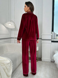 LuxeNights Conjunto de Pijama Veludo Fofo com Recorte Contrastante no Bolso, Manga Longa e Calça, Roupas de Outono e Inverno, Confortável
