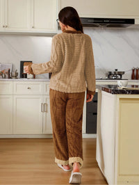 Doze Lane Conjunto de Pijama Feminino de Manga Longa com Abertura Frontal em Bloco de Cores de Jacquard Aveludado, Roupas de Inverno Fofas e Confortáveis