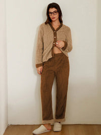 Doze Lane Conjunto de Pijama Feminino de Manga Longa com Abertura Frontal em Bloco de Cores de Jacquard Aveludado, Roupas de Inverno Fofas e Confortáveis