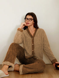 Doze Lane Conjunto de Pijama Feminino de Manga Longa com Abertura Frontal em Bloco de Cores de Jacquard Aveludado, Roupas de Inverno Fofas e Confortáveis