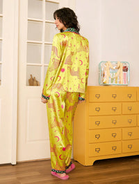 Chillnights Conjunto de Pijama de Malha com Punho e Gola de Contraste, Estampa de Leopardo, Estrela e Coração, Estilo Jovem e Elegante para o Dia dos Namorados, para Mulheres