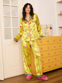 Chillnights Conjunto de Pijama de Malha com Punho e Gola de Contraste, Estampa de Leopardo, Estrela e Coração, Estilo Jovem e Elegante para o Dia dos Namorados, para Mulheres