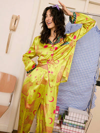 Chillnights Conjunto de Pijama de Malha com Punho e Gola de Contraste, Estampa de Leopardo, Estrela e Coração, Estilo Jovem e Elegante para o Dia dos Namorados, para Mulheres