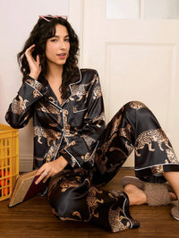 Chillnights Conjunto de Pijama Oversized Feminino de Seda Sintética Estampa de Leopardo Preta de Moda Casual INS