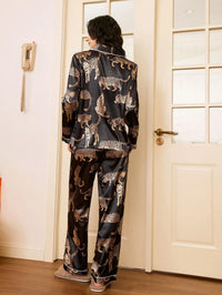 Chillnights Conjunto de Pijama Oversized Feminino de Seda Sintética Estampa de Leopardo Preta de Moda Casual INS