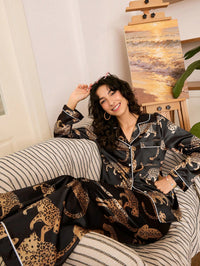 Chillnights Conjunto de Pijama Oversized Feminino de Seda Sintética Estampa de Leopardo Preta de Moda Casual INS