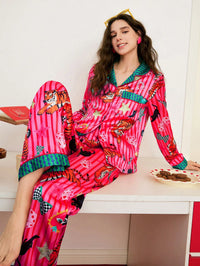 PIJAMA FEMININO LONGO EM CETIM ESTAMPA TIGRE ROSA COM GOLA BLAZER | NELIMA MODA