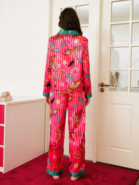 Chillnights Conjunto de Pijama Feminino com Cardigan de Gola Listrada, Coração, Laço, Gato Preto e Tigre da Moda Jovem para o Dia dos Namorados