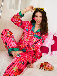 Chillnights Conjunto de Pijama Feminino com Cardigan de Gola Listrada, Coração, Laço, Gato Preto e Tigre da Moda Jovem para o Dia dos Namorados