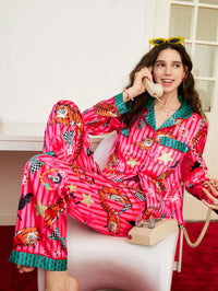 Chillnights Conjunto de Pijama Feminino com Cardigan de Gola Listrada, Coração, Laço, Gato Preto e Tigre da Moda Jovem para o Dia dos Namorados