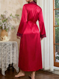 Côtesoire Roupão Longo de Renda Vermelha Sexy com Cinto, Roupa de Dormir Feminina, Loungewear de Luxo para o Dia dos Namorados, Detalhes Aconchegantes e Elegantes, Outono e Inverno