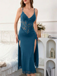 Slumberist Camisola Longa Noturna Feminina com Fenda Lateral Sexy e Recorte em Renda
