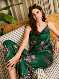 PIJAMA FEMININO LONGO EM CETIM VERDE ESTAMPA TROPICAL YOUNG CASUAL 2 PEÇAS | NELIMA MODA