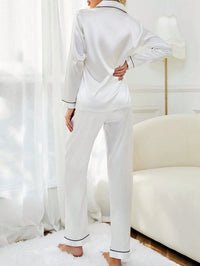 LuxeNights Conjunto de Pijama Cetim com Acabamento em Contraste Branco, Roupas de Outono e Inverno