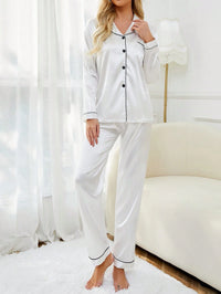 LuxeNights Conjunto de Pijama Cetim com Acabamento em Contraste Branco, Roupas de Outono e Inverno