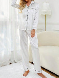 LuxeNights Conjunto de Pijama Cetim com Acabamento em Contraste Branco, Roupas de Outono e Inverno