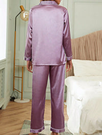 LuxeNights Conjunto de Pijama Cetim com Acabamento em Contraste Branco, Roupas de Outono e Inverno