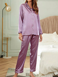 LuxeNights Conjunto de Pijama Cetim com Acabamento em Contraste Branco, Roupas de Outono e Inverno