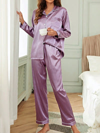LuxeNights Conjunto de Pijama Cetim com Acabamento em Contraste Branco, Roupas de Outono e Inverno