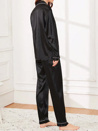 LuxeNights Conjunto de Pijama Cetim com Acabamento em Contraste Branco, Roupas de Outono e Inverno