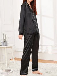 LuxeNights Conjunto de Pijama Cetim com Acabamento em Contraste Branco, Roupas de Outono e Inverno