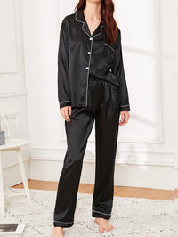 LuxeNights Conjunto de Pijama Cetim com Acabamento em Contraste Branco, Roupas de Outono e Inverno