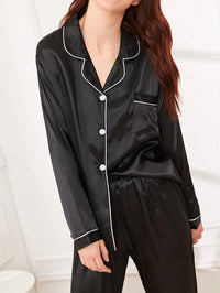 LuxeNights Conjunto de Pijama Cetim com Acabamento em Contraste Branco, Roupas de Outono e Inverno