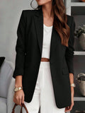 Blazer Feminino Sólido com Lapela Entalhada e Bolsos – Jaqueta de Escritório com Manga Longa e Botões na Frente, Casaco Casual de Negócios para Trabalho, Casa, Primavera, Verão, Outono, Inverno