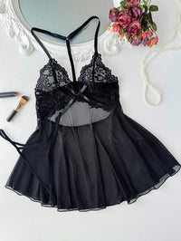 SHEIN 2 peças/Conjunto Vestido Linha A Sexy com Contraste de Renda e Tule Transparente Nas Costas