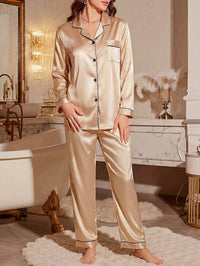 LuxeNights Conjunto de Pijama Cetim com Acabamento em Contraste Branco, Roupas de Outono e Inverno