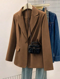 Blazer Feminino Sólido com Lapela Entalhada e Bolsos – Jaqueta de Escritório com Manga Longa e Botões na Frente, Casaco Casual de Negócios para Trabalho, Casa, Primavera, Verão, Outono, Inverno