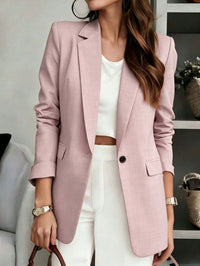 Blazer de Manga Longa com Decote em V de Cor Sólida para Mulheres, Fechamento Único, Adequado para Casual Business, Escritório, Trabalho Remoto, Transporte e Uso Diário, Jaqueta Leve para Todas as Estações (Primavera, Verão, Outono, Inverno)
