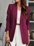 Blazer Feminino Sólido com Lapela Entalhada e Bolsos – Jaqueta de Escritório com Manga Longa e Botões na Frente, Casaco Casual de Negócios para Trabalho, Casa, Primavera, Verão, Outono, Inverno