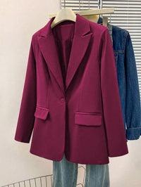 Blazer Feminino Sólido com Lapela Entalhada e Bolsos – Jaqueta de Escritório com Manga Longa e Botões na Frente, Casaco Casual de Negócios para Trabalho, Casa, Primavera, Verão, Outono, Inverno