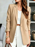 Blazer Feminino Sólido com Lapela Entalhada e Bolsos – Jaqueta de Escritório com Manga Longa e Botões na Frente, Casaco Casual de Negócios para Trabalho, Casa, Primavera, Verão, Outono, Inverno