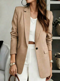 Blazer de Manga Longa com Decote em V de Cor Sólida para Mulheres, Fechamento Único, Adequado para Casual Business, Escritório, Trabalho Remoto, Transporte e Uso Diário, Jaqueta Leve para Todas as Estações (Primavera, Verão, Outono, Inverno)