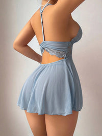SHEIN 2 peças/Conjunto Vestido Linha A Sexy com Contraste de Renda e Tule Transparente Nas Costas